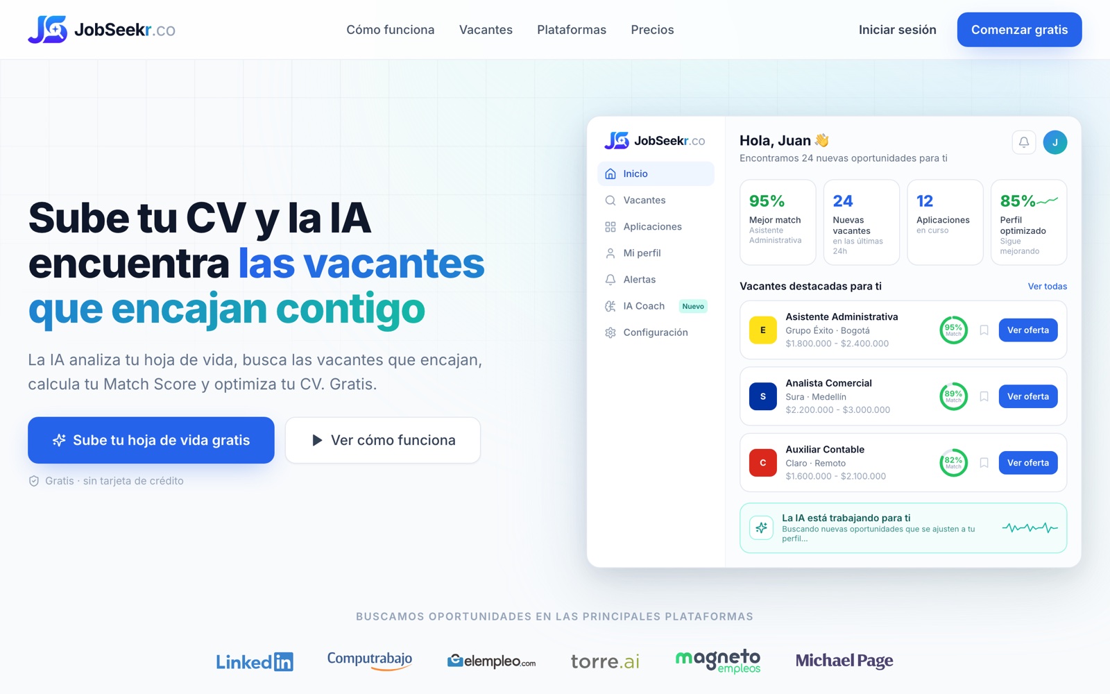 Vista de la aplicación JobSeekr.co: landing y panel con vacantes y Match Score